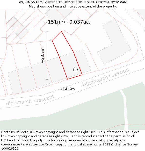 63, HINDMARCH CRESCENT, HEDGE END, SOUTHAMPTON, SO30 0AN: Plot and title map