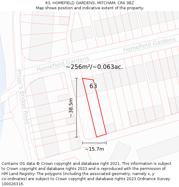 63, HOMEFIELD GARDENS, MITCHAM, CR4 3BZ: Plot and title map