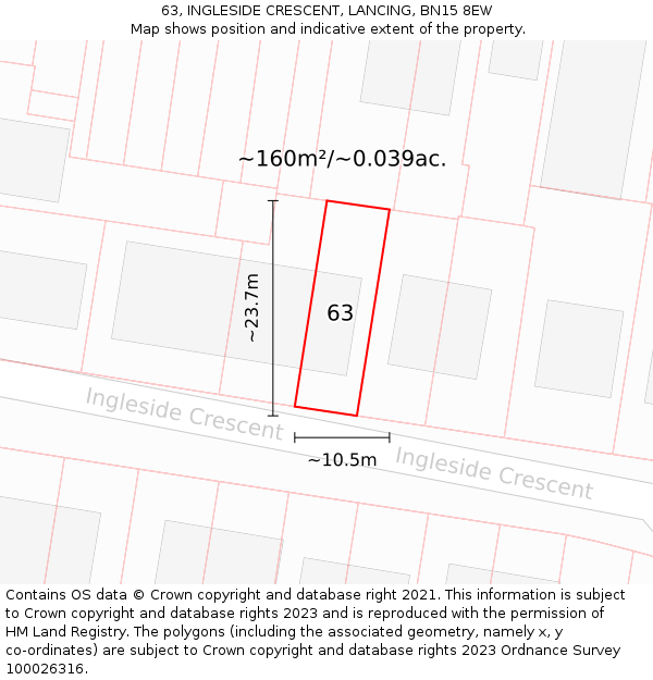 63, INGLESIDE CRESCENT, LANCING, BN15 8EW: Plot and title map