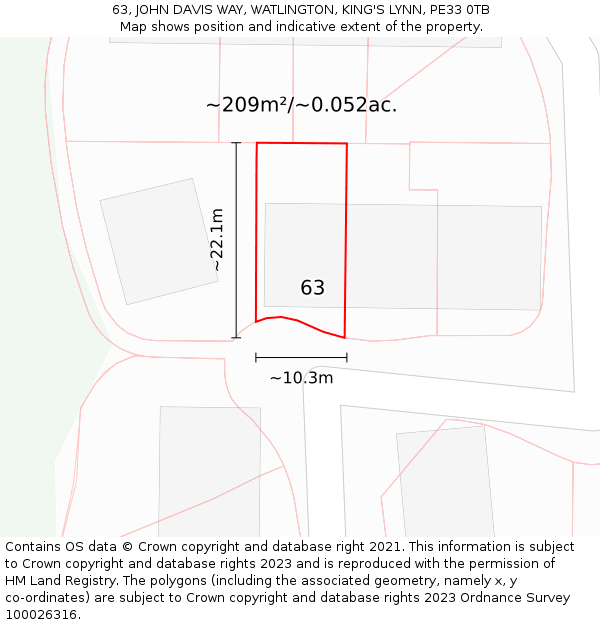 63, JOHN DAVIS WAY, WATLINGTON, KING'S LYNN, PE33 0TB: Plot and title map