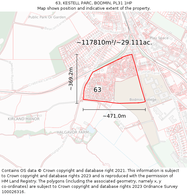 63, KESTELL PARC, BODMIN, PL31 1HP: Plot and title map