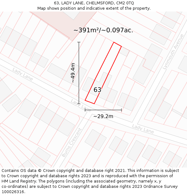 63, LADY LANE, CHELMSFORD, CM2 0TQ: Plot and title map