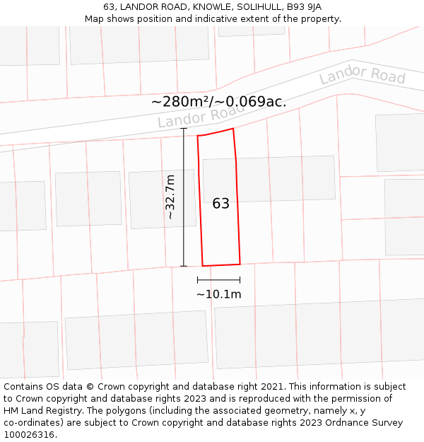 63, LANDOR ROAD, KNOWLE, SOLIHULL, B93 9JA: Plot and title map