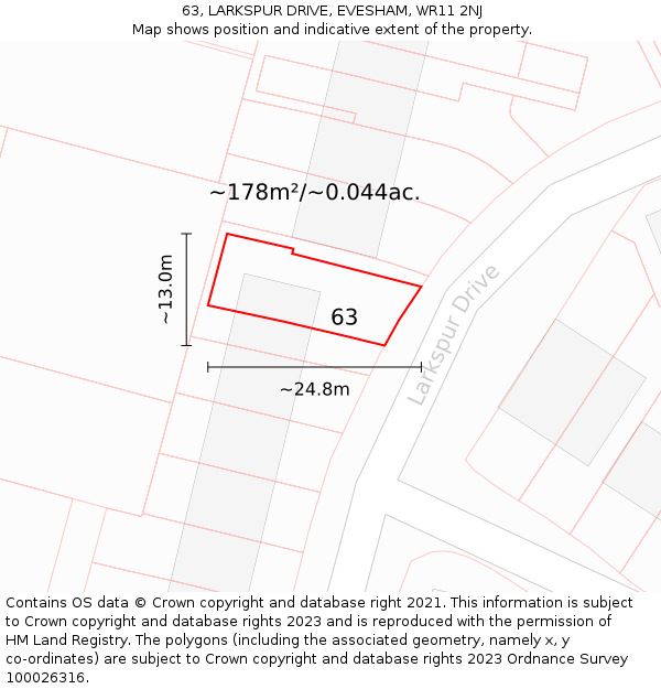 63, LARKSPUR DRIVE, EVESHAM, WR11 2NJ: Plot and title map