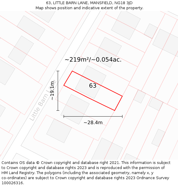 63, LITTLE BARN LANE, MANSFIELD, NG18 3JD: Plot and title map