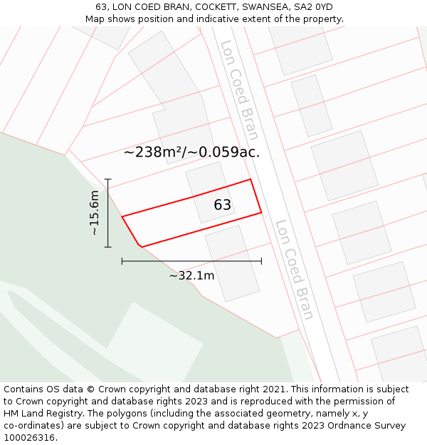 63, LON COED BRAN, COCKETT, SWANSEA, SA2 0YD: Plot and title map