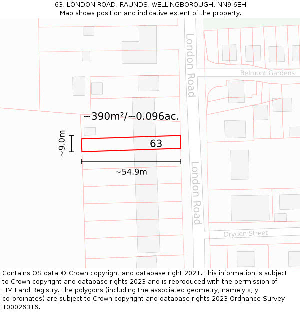 63, LONDON ROAD, RAUNDS, WELLINGBOROUGH, NN9 6EH: Plot and title map