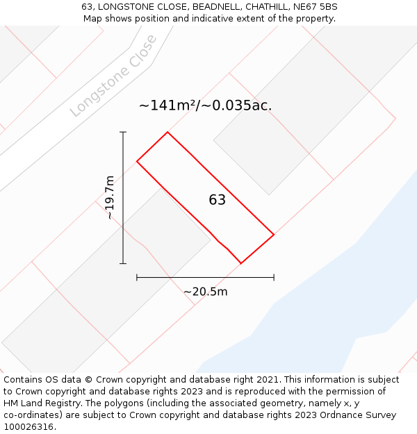 63, LONGSTONE CLOSE, BEADNELL, CHATHILL, NE67 5BS: Plot and title map