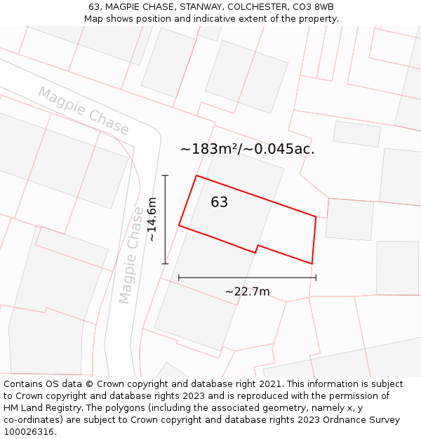 63, MAGPIE CHASE, STANWAY, COLCHESTER, CO3 8WB: Plot and title map
