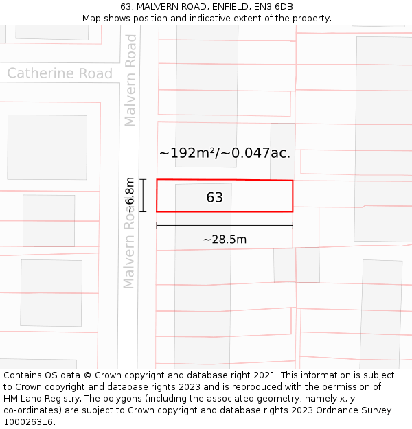 63, MALVERN ROAD, ENFIELD, EN3 6DB: Plot and title map