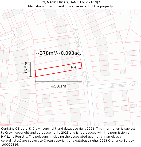 63, MANOR ROAD, BANBURY, OX16 3JD: Plot and title map