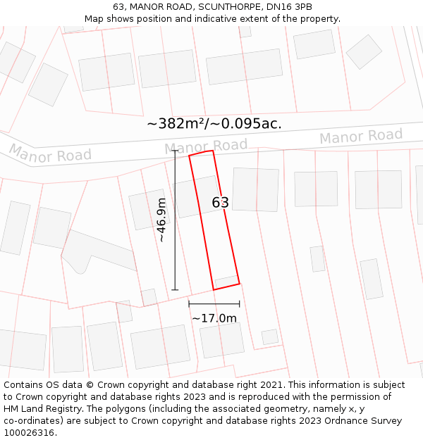 63, MANOR ROAD, SCUNTHORPE, DN16 3PB: Plot and title map