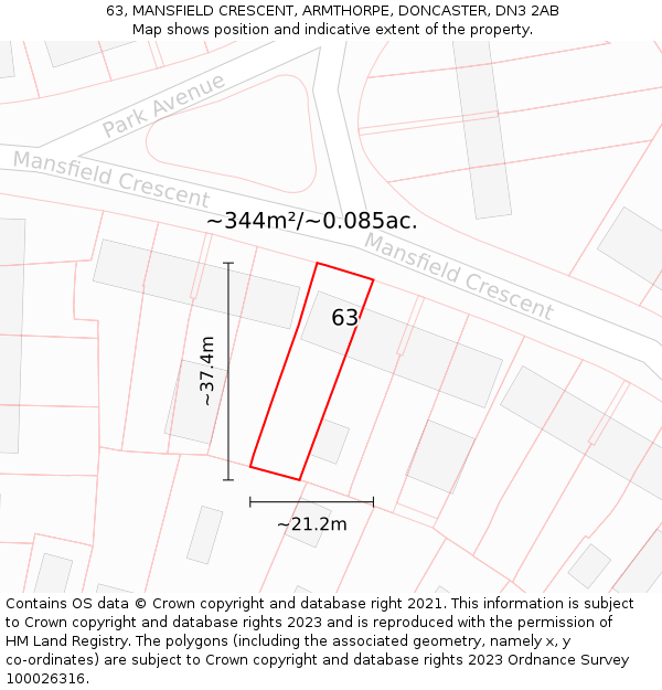 63, MANSFIELD CRESCENT, ARMTHORPE, DONCASTER, DN3 2AB: Plot and title map