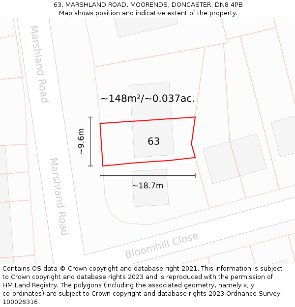 63, MARSHLAND ROAD, MOORENDS, DONCASTER, DN8 4PB: Plot and title map