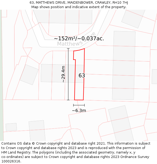 63, MATTHEWS DRIVE, MAIDENBOWER, CRAWLEY, RH10 7HJ: Plot and title map