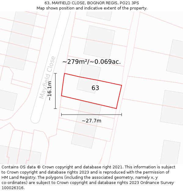 63, MAYFIELD CLOSE, BOGNOR REGIS, PO21 3PS: Plot and title map