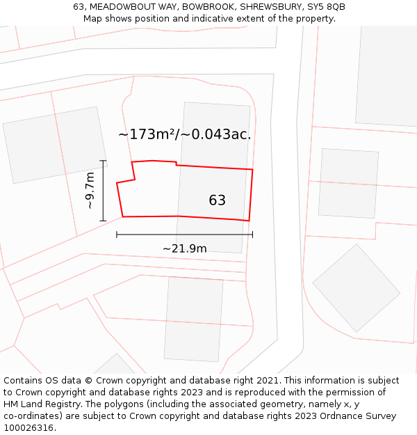 63, MEADOWBOUT WAY, BOWBROOK, SHREWSBURY, SY5 8QB: Plot and title map