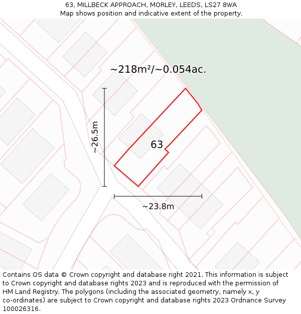 63, MILLBECK APPROACH, MORLEY, LEEDS, LS27 8WA: Plot and title map