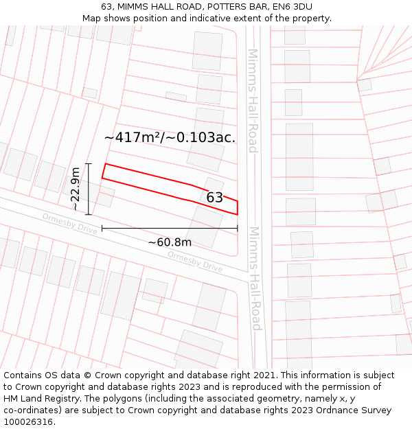 63, MIMMS HALL ROAD, POTTERS BAR, EN6 3DU: Plot and title map
