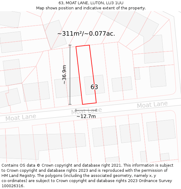 63, MOAT LANE, LUTON, LU3 1UU: Plot and title map