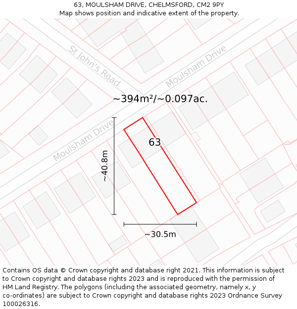 63, MOULSHAM DRIVE, CHELMSFORD, CM2 9PY: Plot and title map