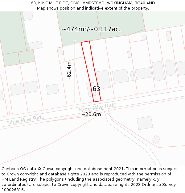63, NINE MILE RIDE, FINCHAMPSTEAD, WOKINGHAM, RG40 4ND: Plot and title map