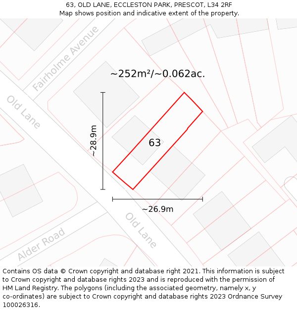 63, OLD LANE, ECCLESTON PARK, PRESCOT, L34 2RF: Plot and title map
