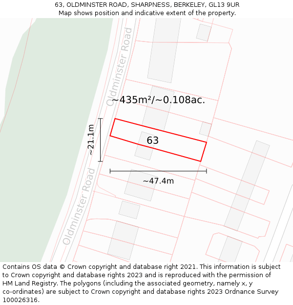 63, OLDMINSTER ROAD, SHARPNESS, BERKELEY, GL13 9UR: Plot and title map