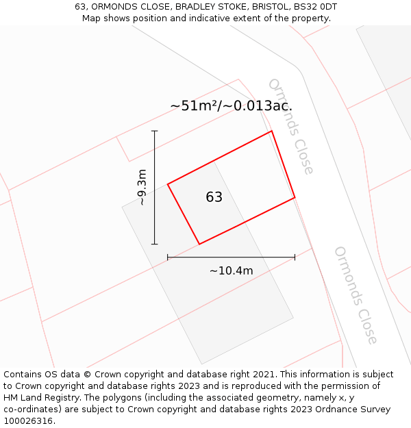 63, ORMONDS CLOSE, BRADLEY STOKE, BRISTOL, BS32 0DT: Plot and title map