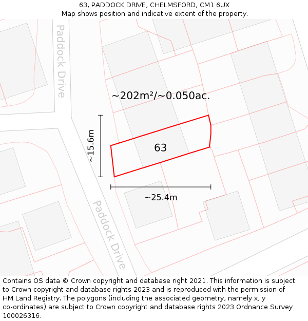 63, PADDOCK DRIVE, CHELMSFORD, CM1 6UX: Plot and title map