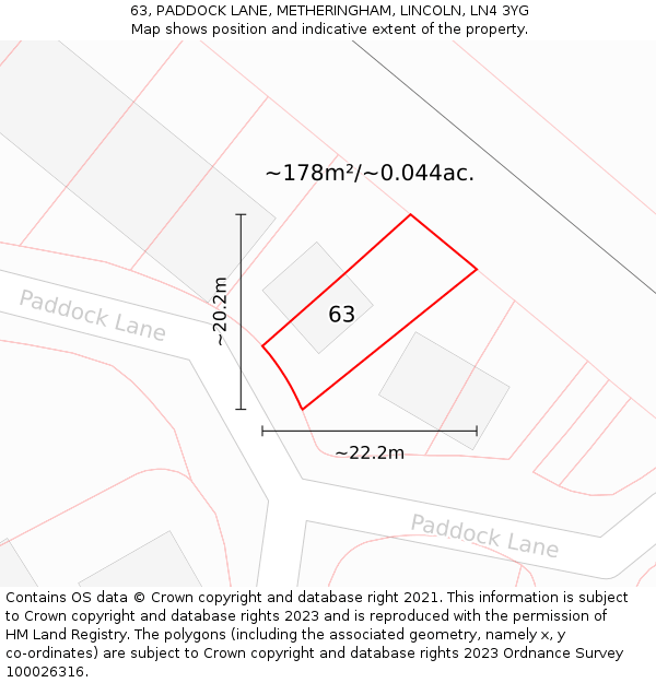 63, PADDOCK LANE, METHERINGHAM, LINCOLN, LN4 3YG: Plot and title map