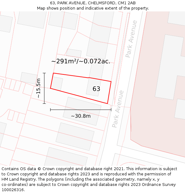 63, PARK AVENUE, CHELMSFORD, CM1 2AB: Plot and title map