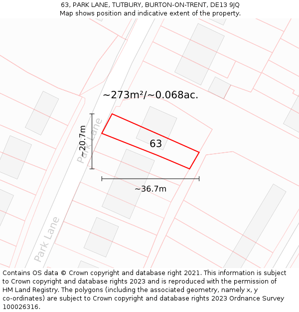 63, PARK LANE, TUTBURY, BURTON-ON-TRENT, DE13 9JQ: Plot and title map