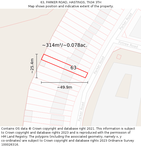 63, PARKER ROAD, HASTINGS, TN34 3TH: Plot and title map