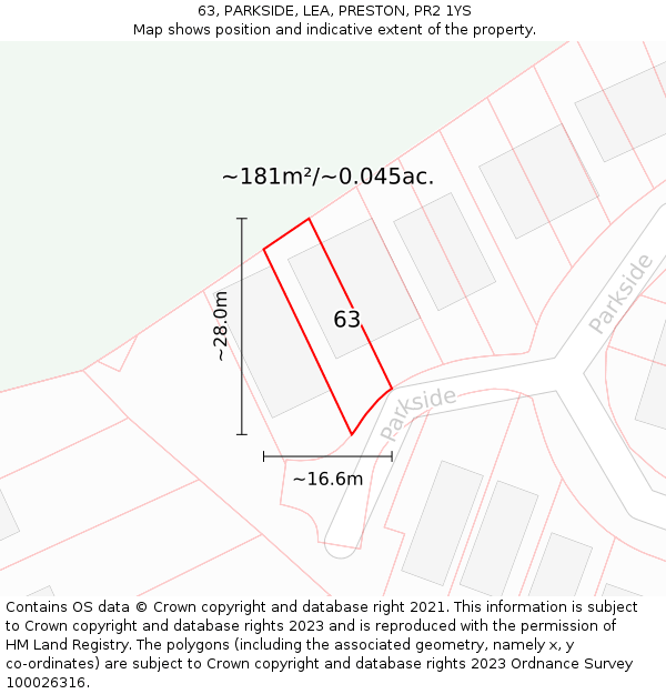63, PARKSIDE, LEA, PRESTON, PR2 1YS: Plot and title map