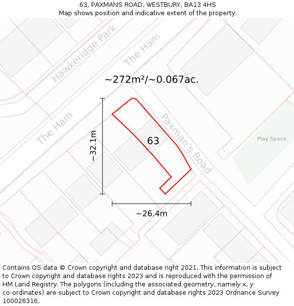 63, PAXMANS ROAD, WESTBURY, BA13 4HS: Plot and title map