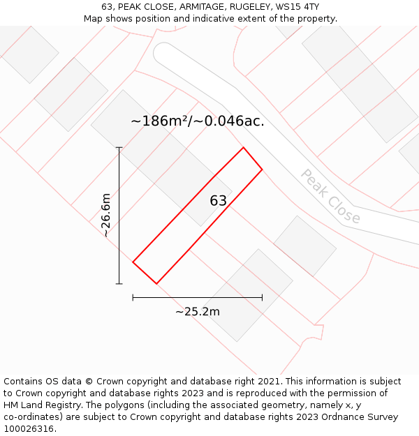 63, PEAK CLOSE, ARMITAGE, RUGELEY, WS15 4TY: Plot and title map