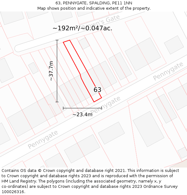63, PENNYGATE, SPALDING, PE11 1NN: Plot and title map