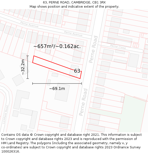 63, PERNE ROAD, CAMBRIDGE, CB1 3RX: Plot and title map