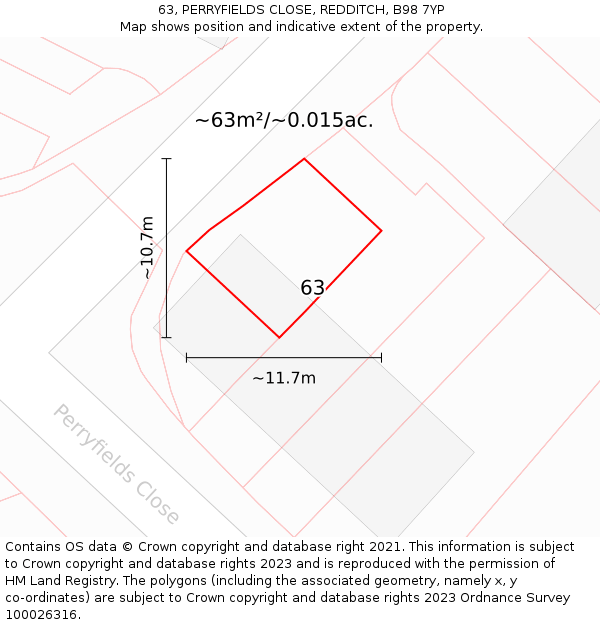 63, PERRYFIELDS CLOSE, REDDITCH, B98 7YP: Plot and title map