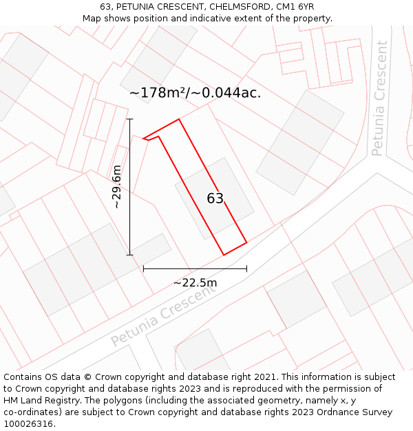 63, PETUNIA CRESCENT, CHELMSFORD, CM1 6YR: Plot and title map