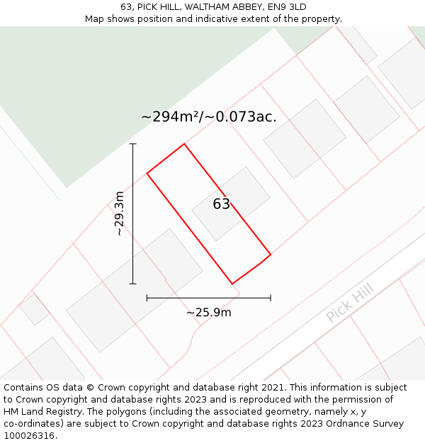 63, PICK HILL, WALTHAM ABBEY, EN9 3LD: Plot and title map