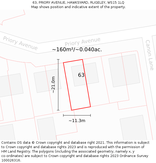 63, PRIORY AVENUE, HAWKSYARD, RUGELEY, WS15 1LQ: Plot and title map