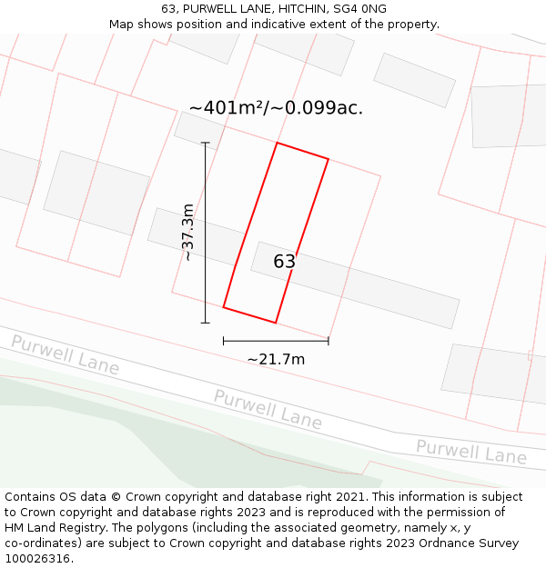 63, PURWELL LANE, HITCHIN, SG4 0NG: Plot and title map