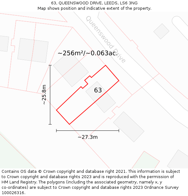63, QUEENSWOOD DRIVE, LEEDS, LS6 3NG: Plot and title map
