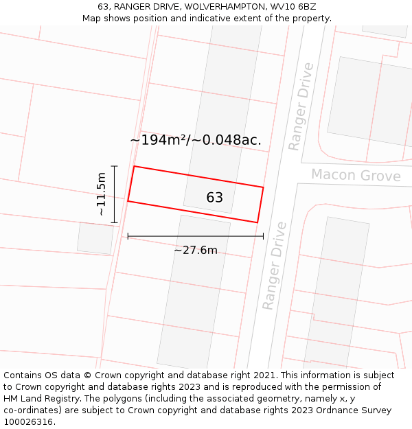 63, RANGER DRIVE, WOLVERHAMPTON, WV10 6BZ: Plot and title map