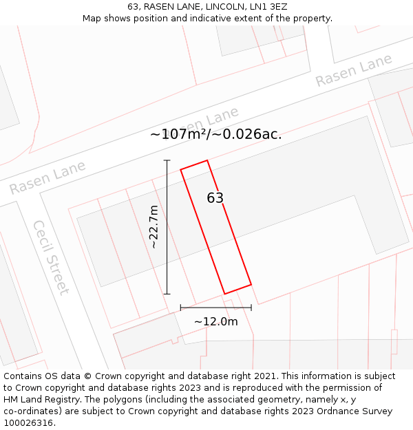 63, RASEN LANE, LINCOLN, LN1 3EZ: Plot and title map