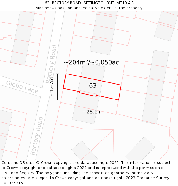 63, RECTORY ROAD, SITTINGBOURNE, ME10 4JR: Plot and title map