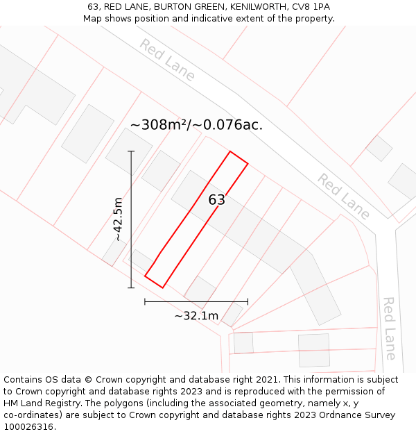 63, RED LANE, BURTON GREEN, KENILWORTH, CV8 1PA: Plot and title map