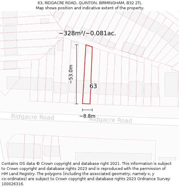 63, RIDGACRE ROAD, QUINTON, BIRMINGHAM, B32 2TL: Plot and title map